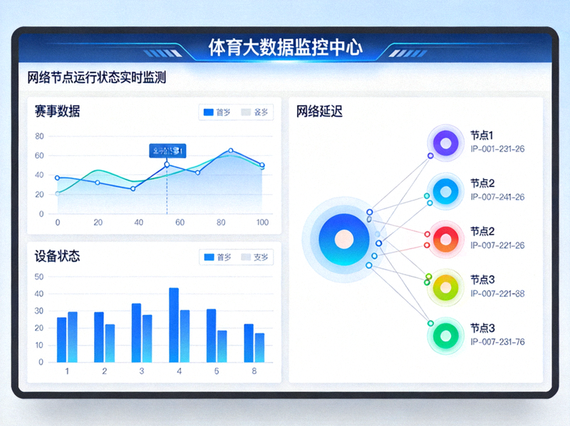 现代化体育大数据可视化监控仪表盘与网络节点运行状态展示