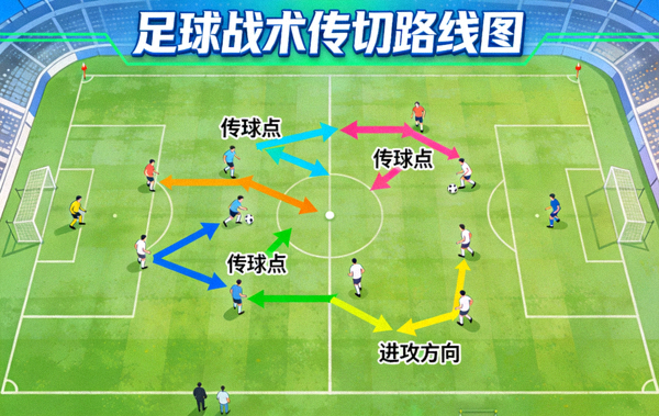 足球赛场俯瞰与战术传切路线图谱展示