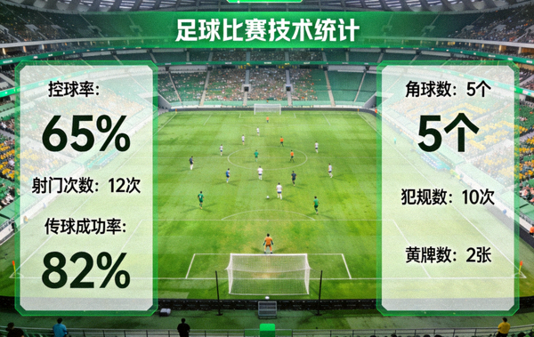 绿茵足球赛场全景及比赛技术数据统计呈现